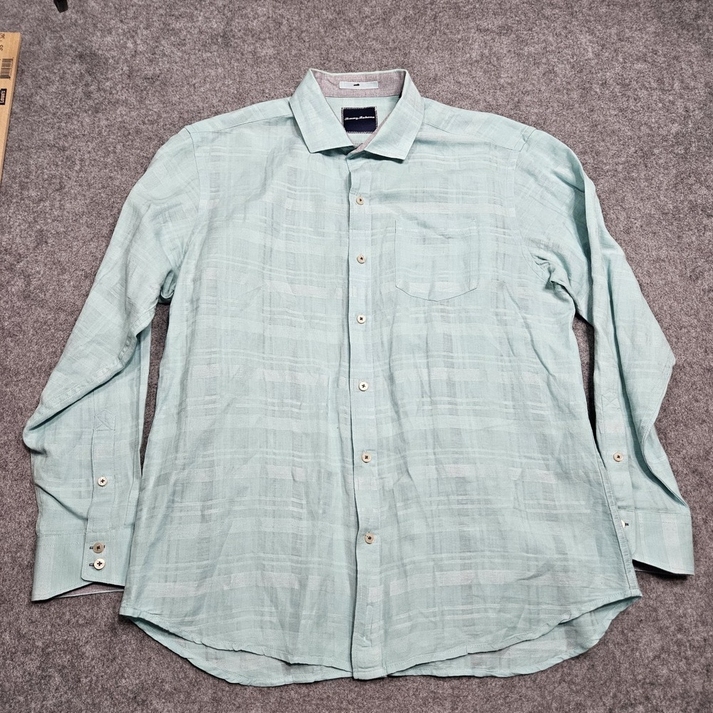 Tommy Bahama Shirt Men Large Teal Linen Blend Beachy‎